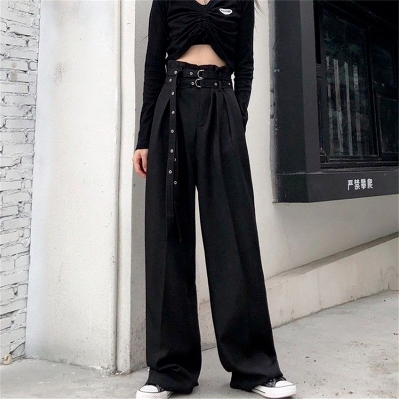 Women's Pants Capris Feiernan Black Wide Leg Pants Suit Women Gothic Style Sashes High Waist Trousers Casual Mall Goth Cargo Pants Female Punk