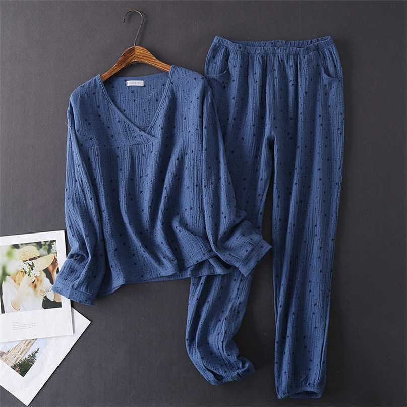 Japanese style spring and autumn women's 100% cotton crepe long-sleeved trousers pajamas comfortable home wear pajama set women 211118