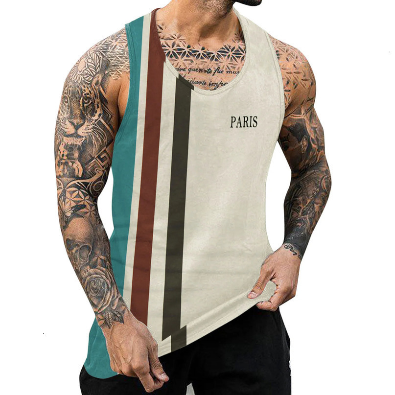 Male Striped Print Vest Tank Tops Summer Casual Round Neck Sleeveless Shirt Men Fitness Singlet Sportswear Workout Tanktop 240415