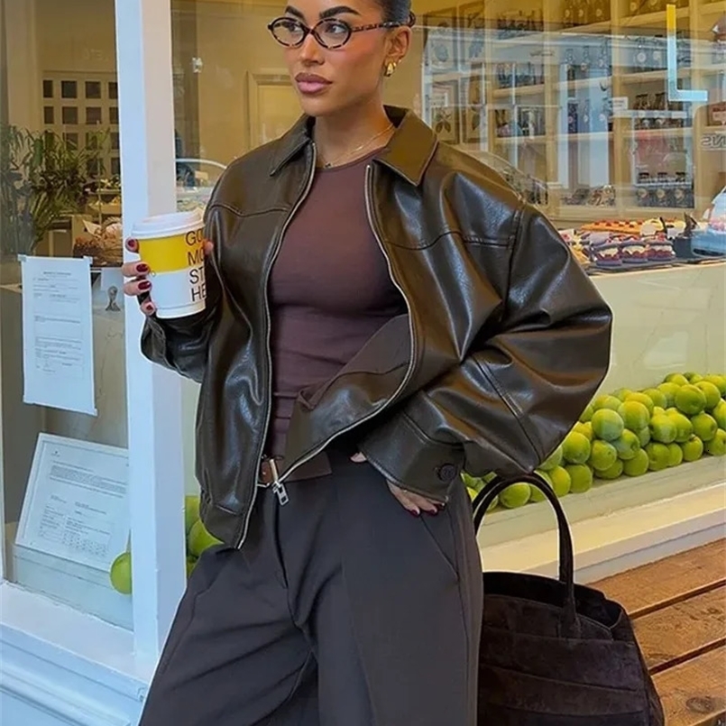 Vintage Chocolate Pu Leather Spring Jacket Women Fashion Zipper Long Seleeve Pocket Short Coat Autumn Ladies High Streetwear 250213