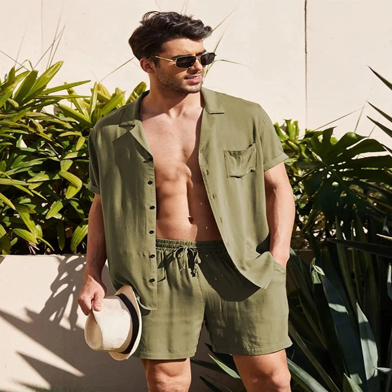 Summer Cotton Linen Shirt Set Mens Casual Outdoor 2Piece Suit Andhome Clothes Pajamas Comfy Breathable Beach Short Sleeve Sets 240531