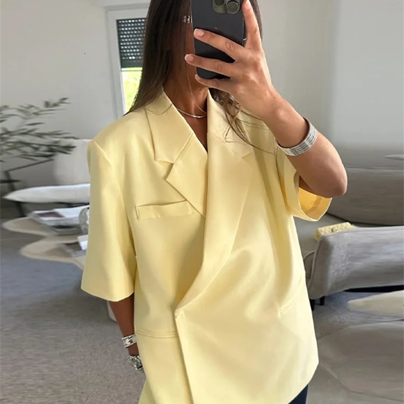 Short Sleeve Oversize Suit Jacket Women Elegant Turn-down Collar Covered Button Summer Blazers Fashion Office Lady Outerwear 250616