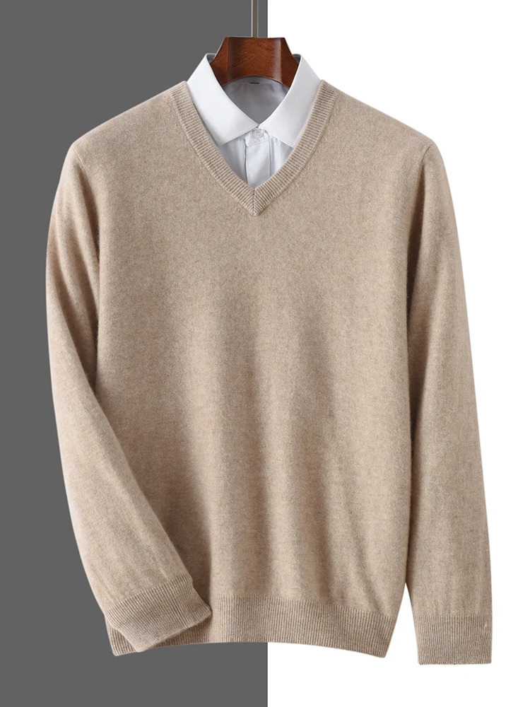 Autumn Winter Basic Cashmere Sweater Smart Casual Clothing Mens V Neck Pullover 100% Cashmere Knitwear Solid Color Soft Tops 250804