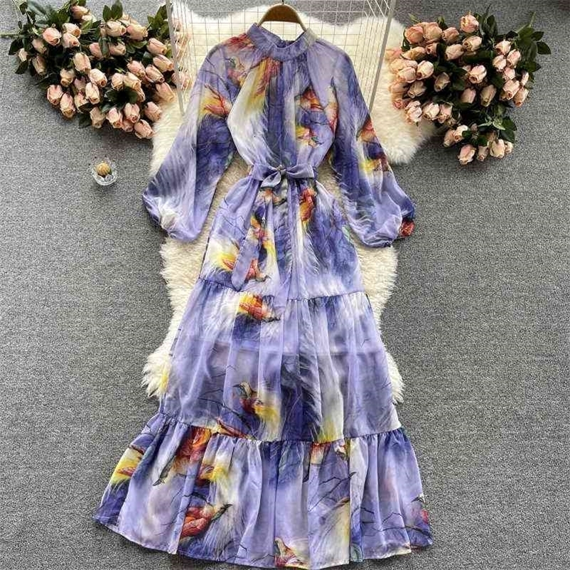 DEAT Spring Summer Fashion Casual Temperament Loose Print Puff Sleeve Fairy Chiffon Long Dress Women SK705 210709