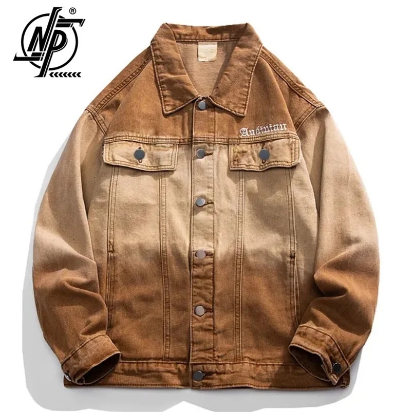 Men's Jackets American Vintage Denim Jacket Men Women Gradient Loose Harajuku Couple Coat Autumn Y2k High Street Hip Hop Cargo Jackets Spring 2