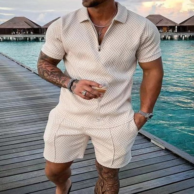 Mens Tracksuits Polo Set Mesh Print Streetwear Short Sleeve Zipper Shorts Casual Two Piece Suit Solid Color Fashion 230418