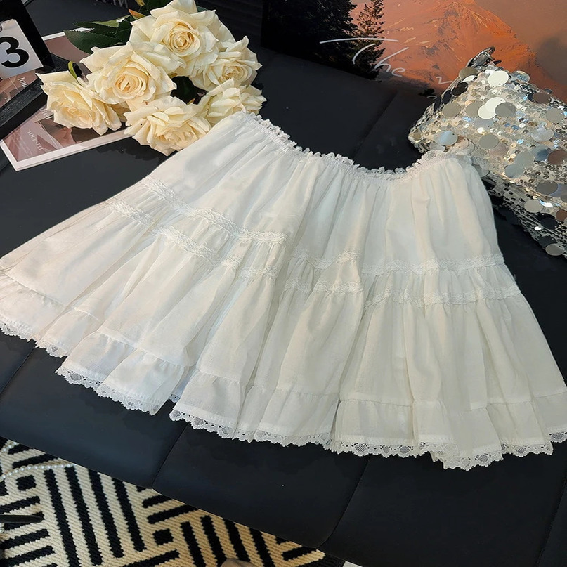 Lace Patchwork Pleated White Mini Skirt Sweet ALine Short Skirts For Women Summer 240516