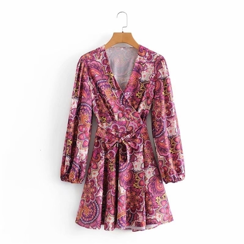 PUWD Casual Women V Neck Bow Lace Dress Spring-autumn Fashion Ladies Beach Style Female Printed Waist Mini 210522