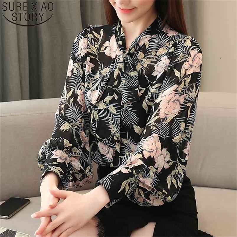 Floral Print Blouse Women Lantern Long Sleeve Shirt Korean Office Lady Elegant Vintage Bow Tie Tops Blusas Cardigan 10675 210506