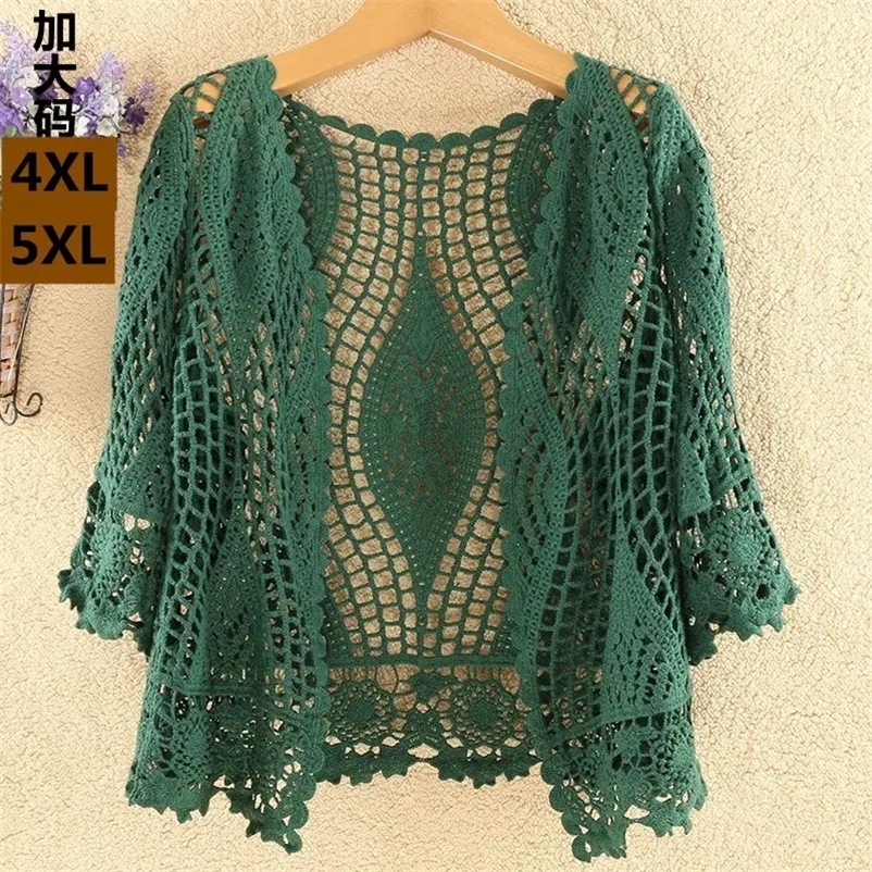 Women Flare Long Sleeve Shrug Cardigan Hollow Out Crochet Knitted Open Front Sheer Lace Cover Up Sweater Loose Outwear 240703