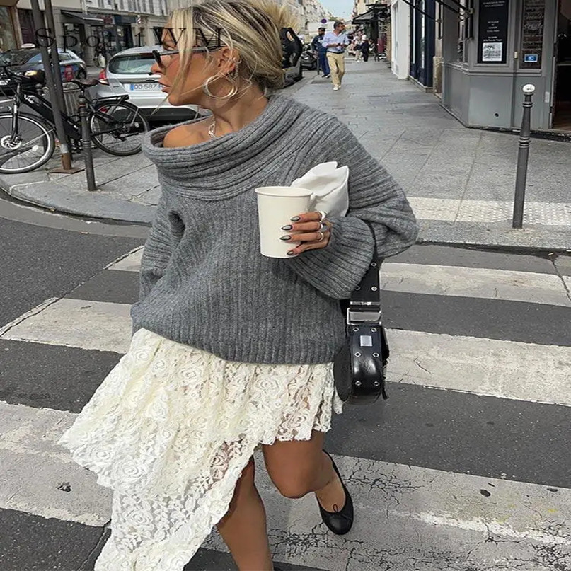 Womens Sweaters Fashion Solid Slanted Neck Sweatshirt Casual Loose Long Sleeve Jumper High Street Knit 231118