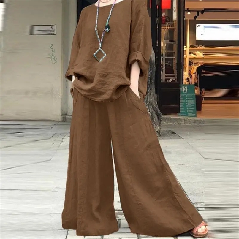 Casual Cotton Linen Set Womens O Neck Long Sleeve Blouses Wide Leg Pants Culottes 2piece Sets Autumn Retro Loose Female Suit 240731
