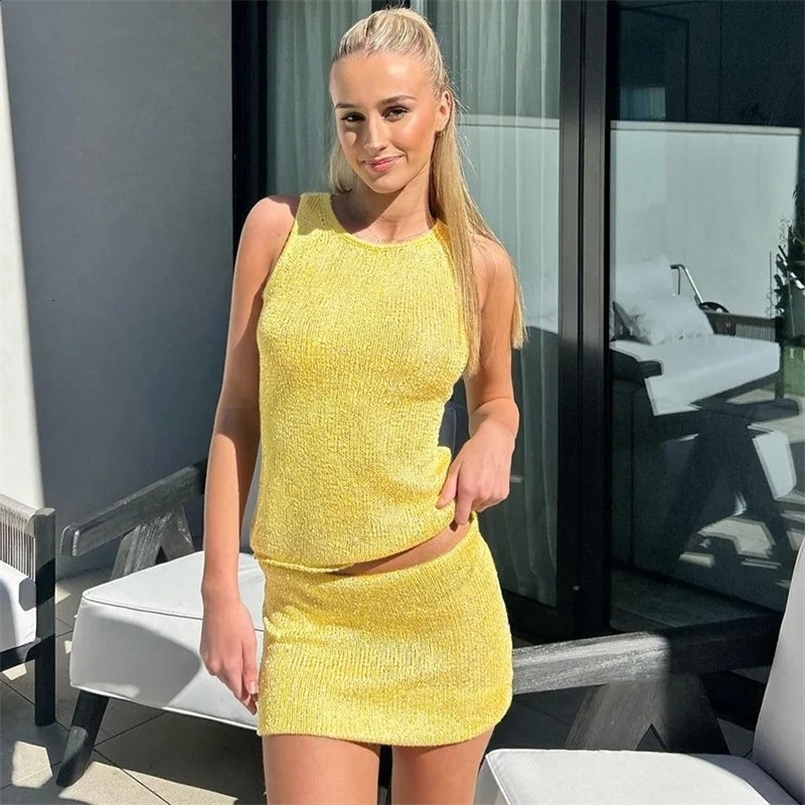 Women Yellow Round Neck Sleeveless Top Sexy Mini Skirt Knit Suit See Through Two Piece sets Summer Vacation Elegant Skirt Suit 240822