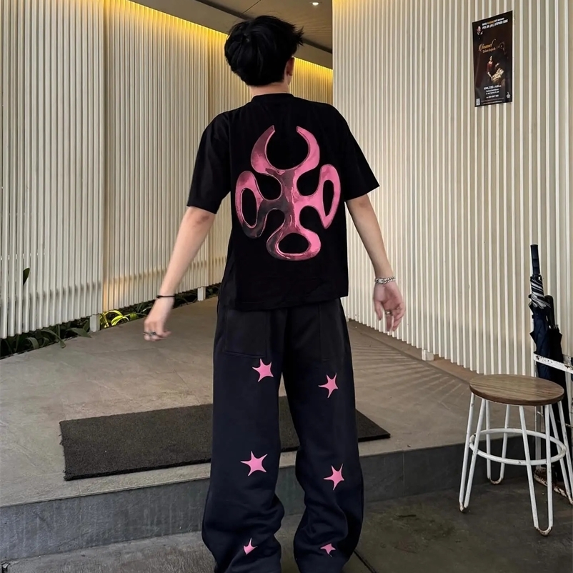 Casual Pink Stars Graphic T shirts Two Piece Sweatpant Y2K Clothes Men Streetwear Oversized Lounge Pants Set Men Clothing 241217