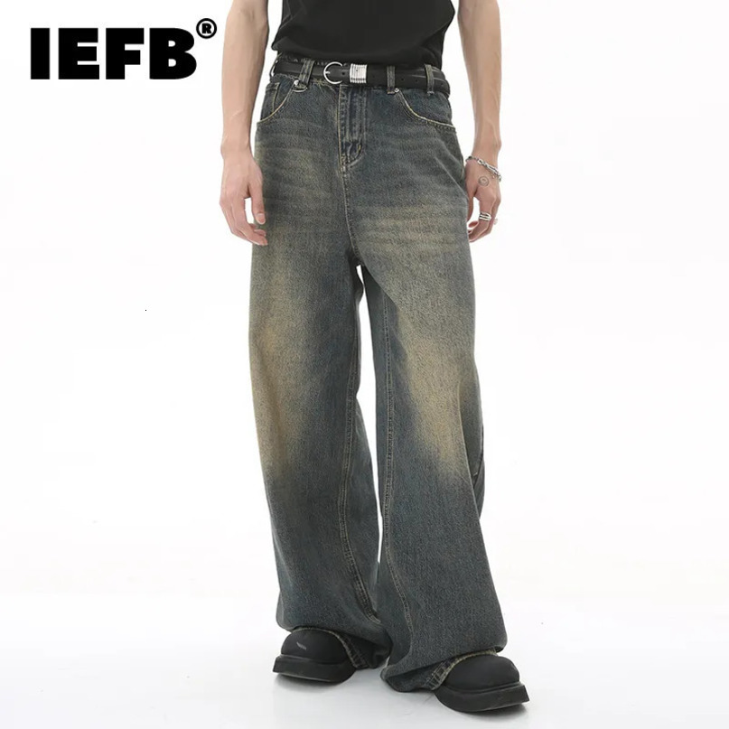 IEFB Mens Vintage Jeans Fashion Washed Street Casual Wide Leg Denim Pants Summer Distressed Loose Male Versatile Trousers 9C354 240523