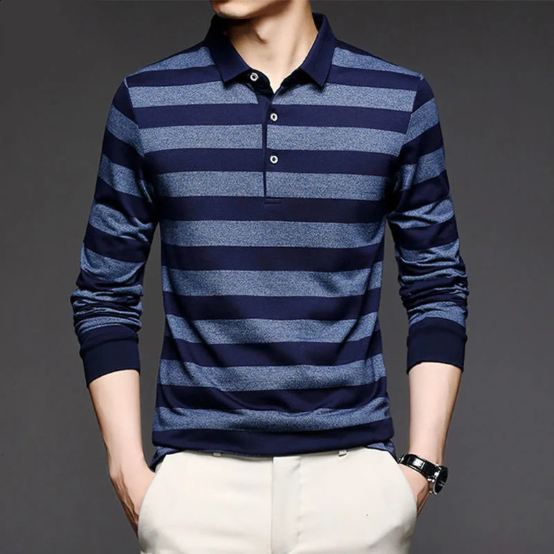 Streetwear Fashion Men Striped Polo Shirts Spring Autumn Long Sleeve Business Office Lapel Male Clothes Basic Casual Loose Tops 241120