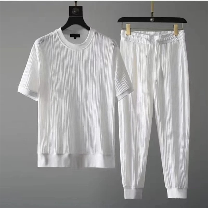 Summer Mens Set Fashion Versatile Half Sleeve Ice Silk Set Ethnic Style Loose Size Two Piece Set Breathable and Cool 2 240529
