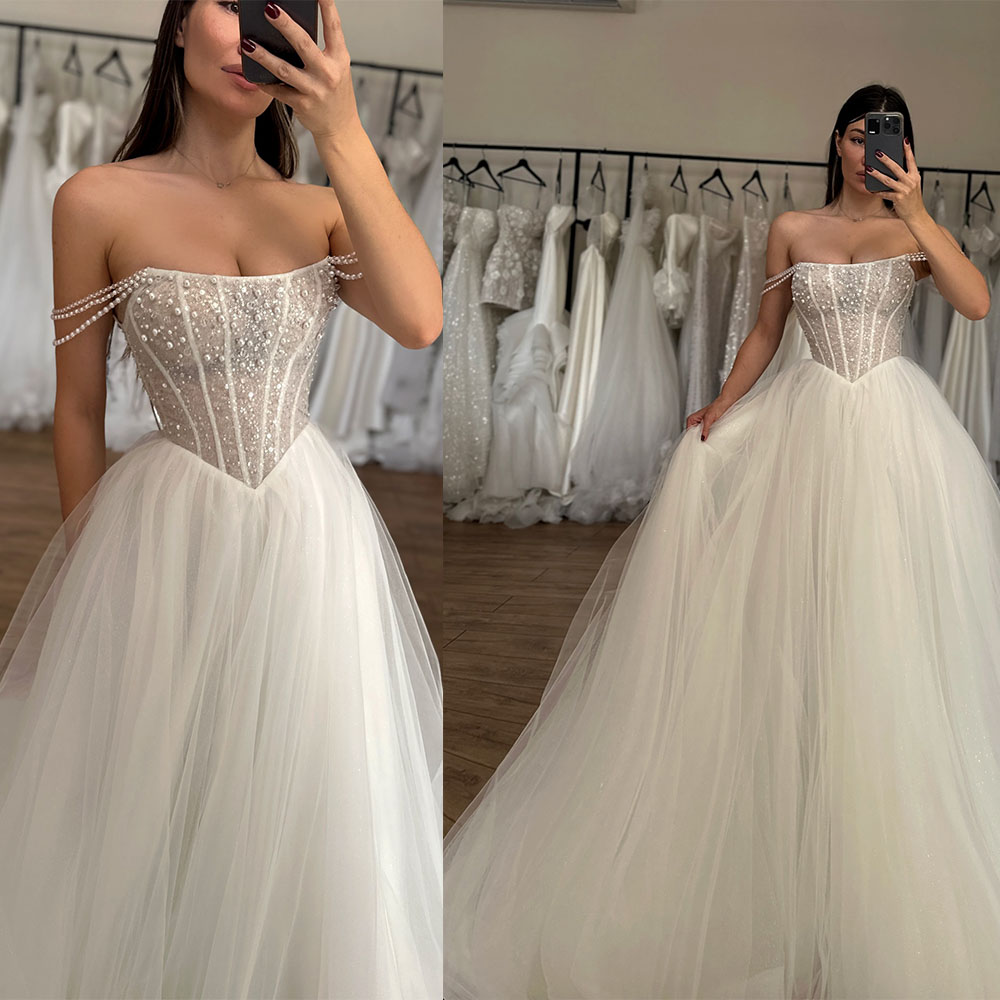 Classic Wedding Dress For Women Off Shoulder Sleeveless Bridal Gown Sequins Pearls Beaded Sweep Train Dresses Custom Made vestidos de novia