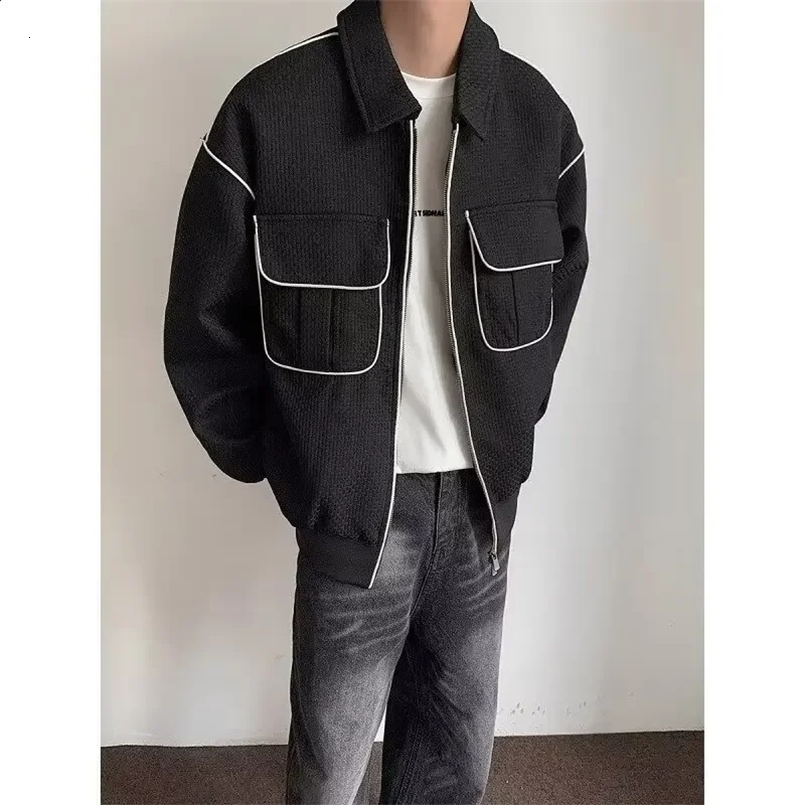 Autumn/winter Korean Style Casual Pelpelwalf Checks Long Sleeve Jacket For Men Loose-fit Cropped Top Thin Regular Material 240830