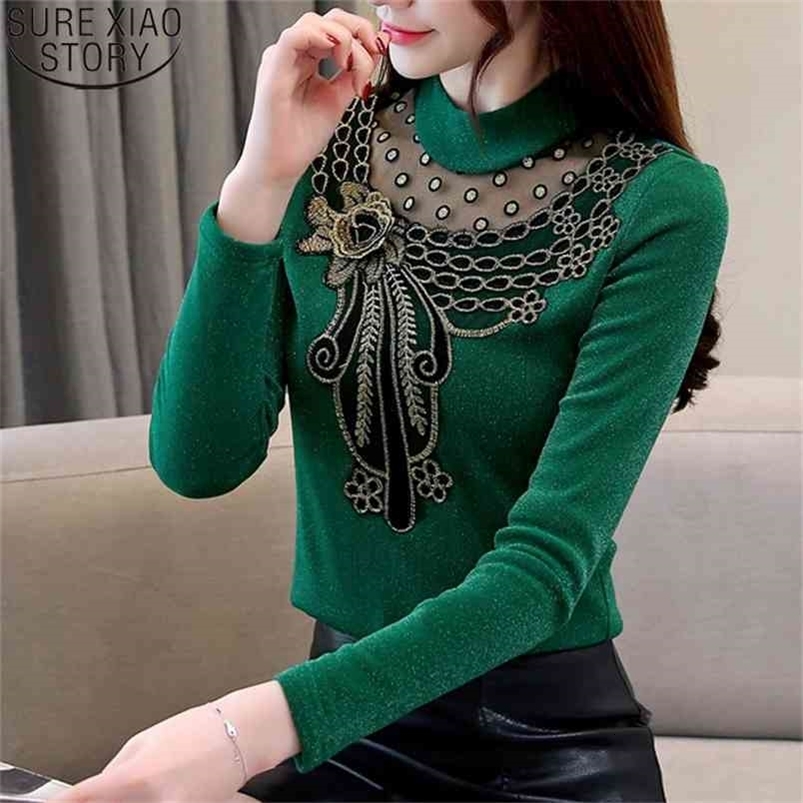 Plus Size 4XL Blouses Women Long Sleeve Tops Spring Autumn Turtleneck Green Casual Mesh Blusas and 5569 210506