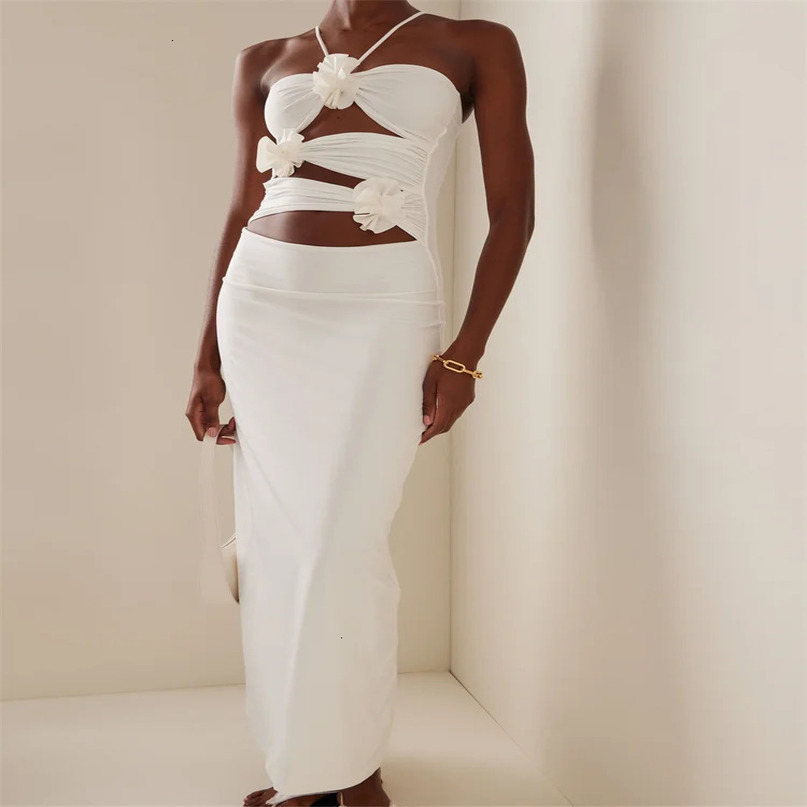 Women Sexy Halter Hollow Out 3D Flowers Long Dress Y2K Summer Off Shoulder Backless Bodycon Elegant Dresses Night Party Clubwear 240615