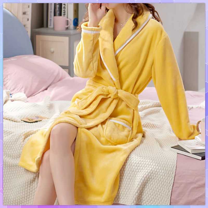 Coral Fleece Winter Warm Womens Pajamas Bathrobe Solid Kimono Female Long Robe Nightdress Casual Sleepwear Thicken Homewear Z250924