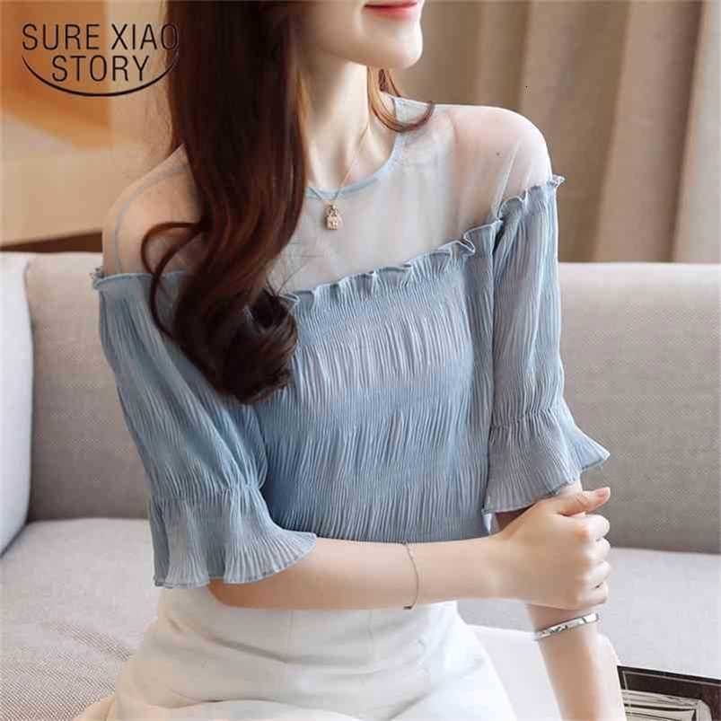 Korean Short Sleeve Transparent Top Blusas Mujer De Moda Summer Loose Mesh Clothes Chiffon Blouse 8981 50 210506