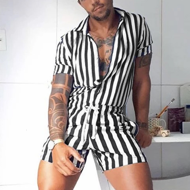 Mens Tracksuits Fashion Men Striped Rompers Short Sleeve Button Shorts Lapel Jumpsuit Drawstring Streetwear Casual Playsuit Hombre 230418