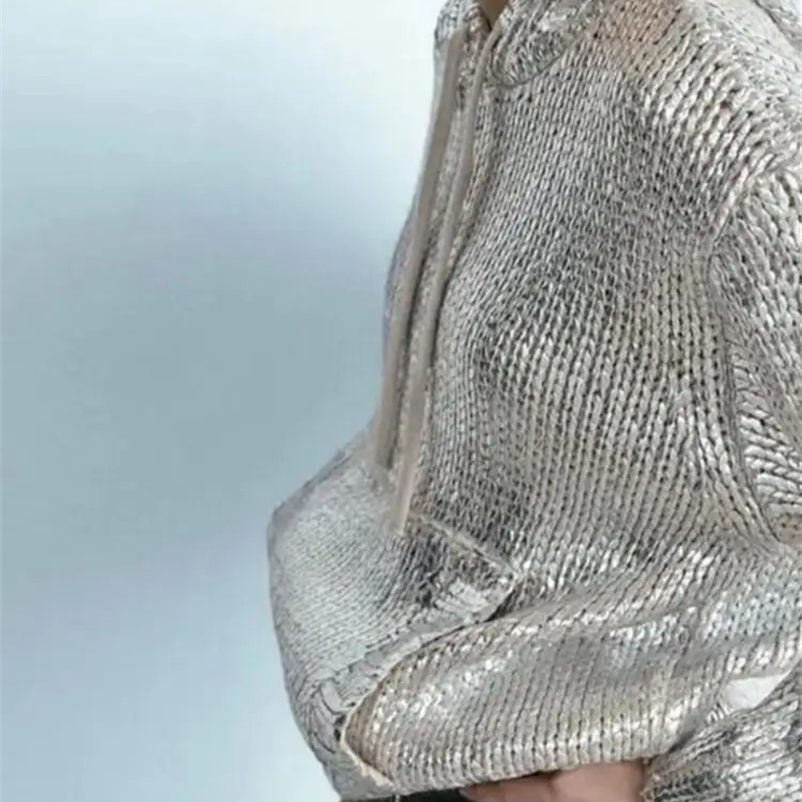 Women's Sweaters Silver Fashion Hooded Sweater Women Y2K Autumn Winter Long Sleeve Loose Female Pullover Streetwear Drawstring Sweatshirt 23121