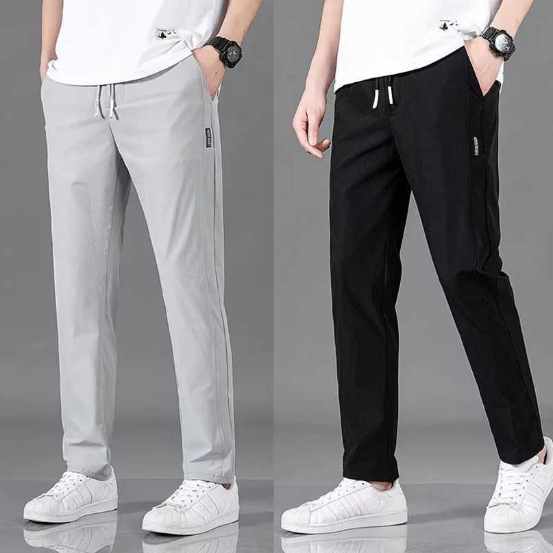 Mens Ice Silk Casual Trousers Summer QuickDrying Gym Sports Pants Thin Solid Color Fashion Pocket Straight Pantalon 240412