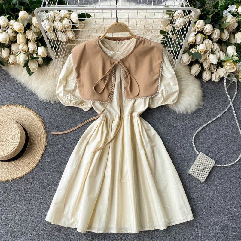 DEAT Women Two Piece Set Preppy Style Puff Sleeve Dress Beading Large Lapel Collar Shawl Fashion Spring Summer 11B722 210709