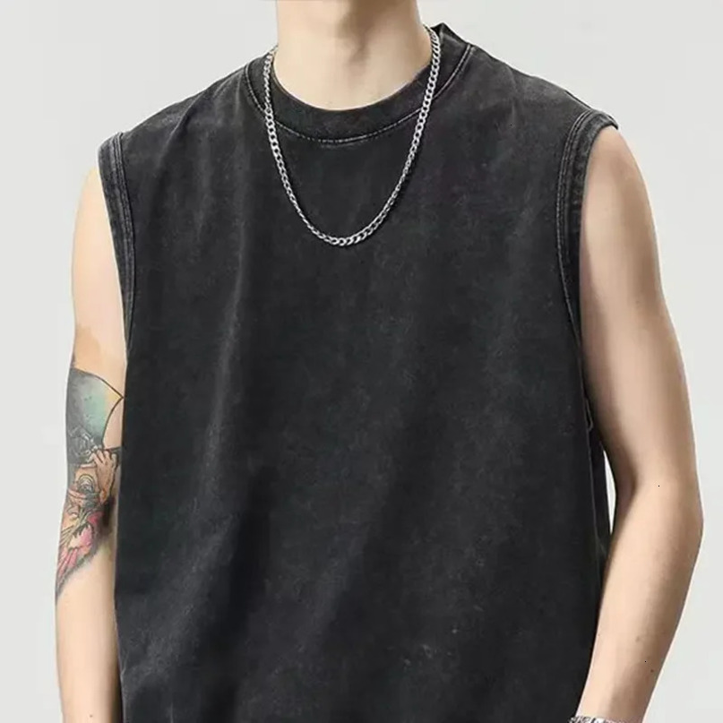 230GSM Mens Vest Gothic Top Punk Heavy Metal 100% CottonCasual Harajuku Demon Black Vintage Washed Summer Sleeveless Streetwear 240415