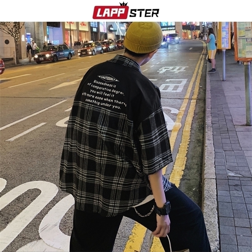 LAPPSTER Mens Plaid Patchwork Hawaiian Shirts Short Sleeve Mens Japanese Streetwear Oversized Blouse Male Summer Shirts