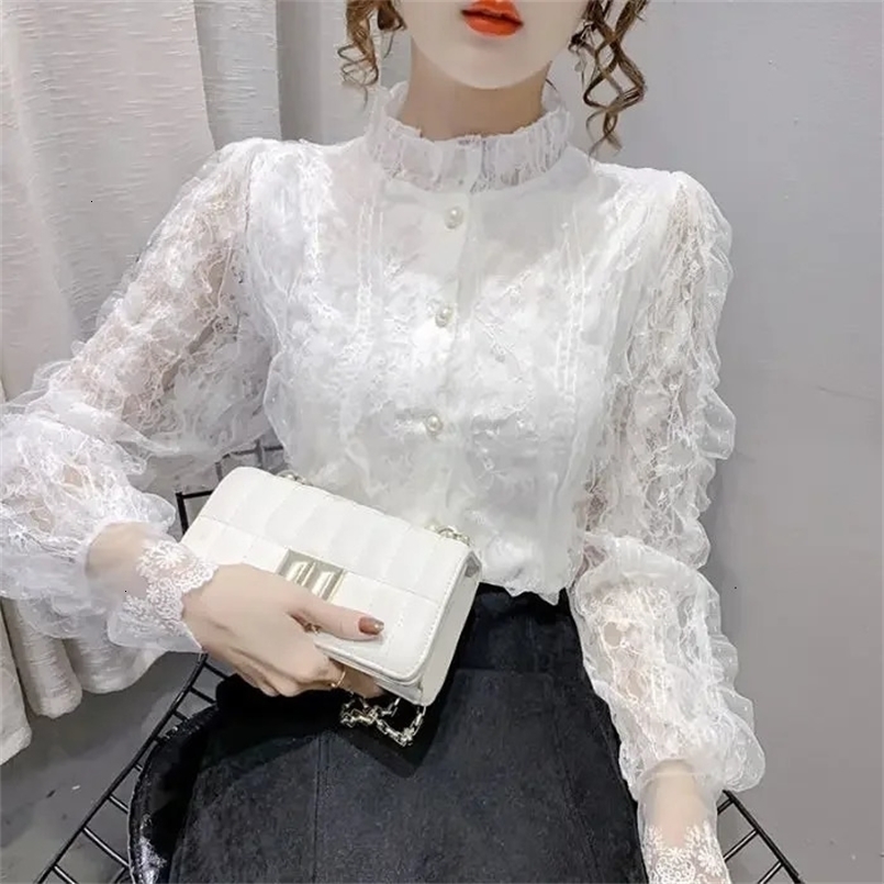 Blouse Women Shirt Lace Long Sleeve Womens Clothing Spring Lantern Sleeve Stand Collar Cardigan Top Blusas Mujer De Moda 240223CJ