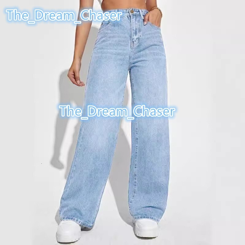 European Fashionable Straight Denim Trousers Womens Long Pants Washed Blue High Waist Fashion Casual Hot Sale Wide Leg Jeans