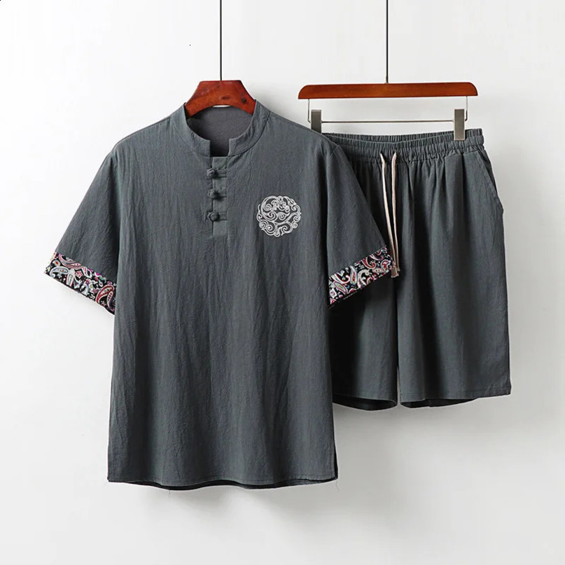 Plus Size Tracksuit Husband Summer Suit Cotton Linen tshirt Fashion Male Set Chinese Style 5XL 6XL 8XL 9XL plus Two Piece 160KG 240407