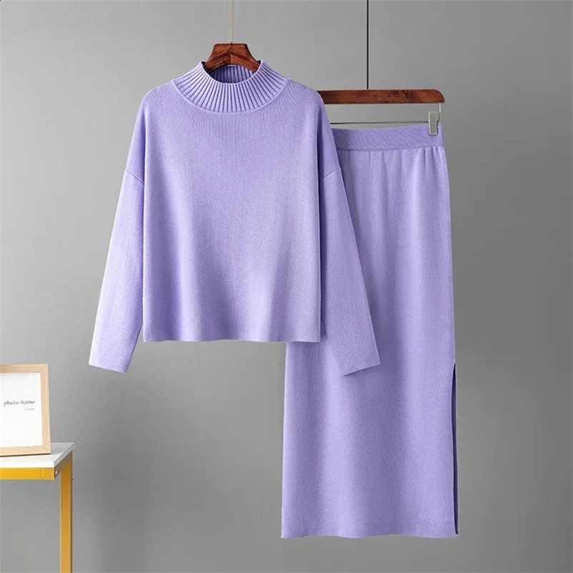 HLBCBG 2 Pieces Knit Sets Women Maxi Skirt Tracksuits Winter Warm Turtleneck Sweater Midi Straight Skirt Two Pieces Sets 250118