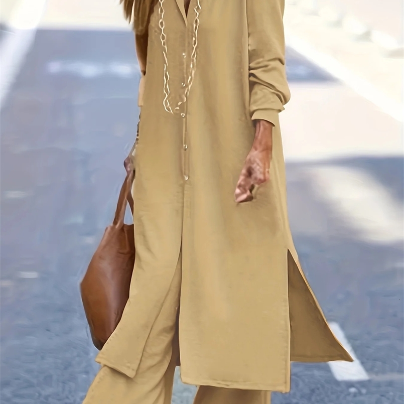 Plus Size Casual Outfits Set Womens Plus Solid Long Sleeve Button Up Lapel Collar Split Shirt Pants Outfits 2 Piece Set 240823