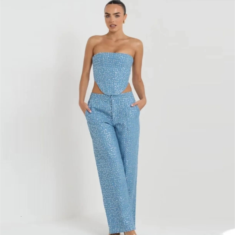 Summer Sequined Women Suit Black Tube Tops Backless Tops Long Pants Loose Suits Female Sexy Party Trendy Ladies Clothes 240731