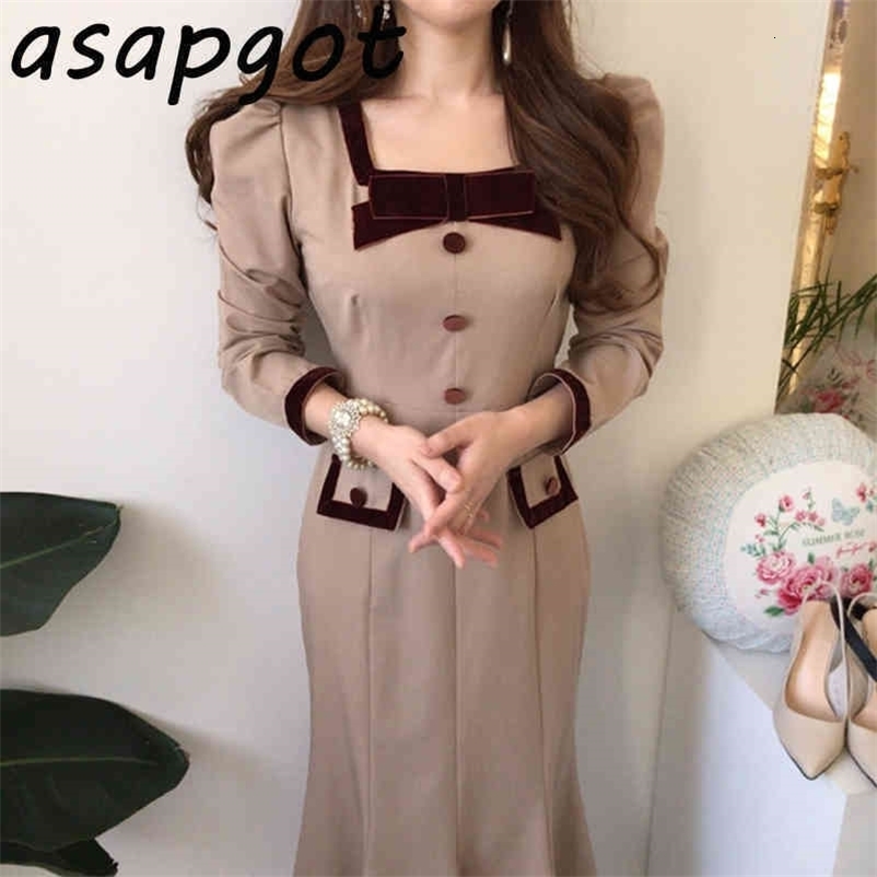 Temperament Elegant Contrast Button Slim Waist Square Neck Bow Mermaid Dress Women Long Vintage Trumpet Vestido Mujer Patchwork 210429
