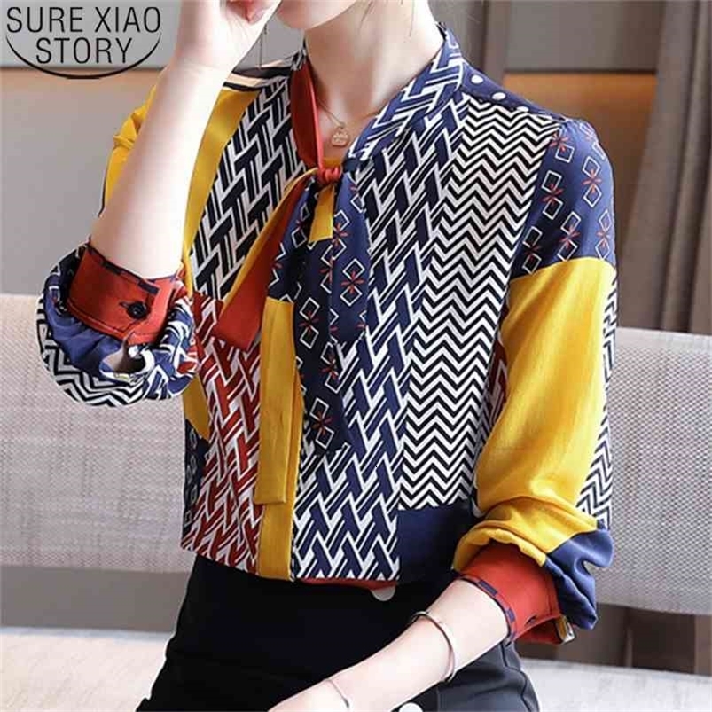 Fashion Print Blouses Women Bow Silk Shirts Autumn Long Sleeve Shirt Harajuku Blusas Mujer De Moda 10739 210506