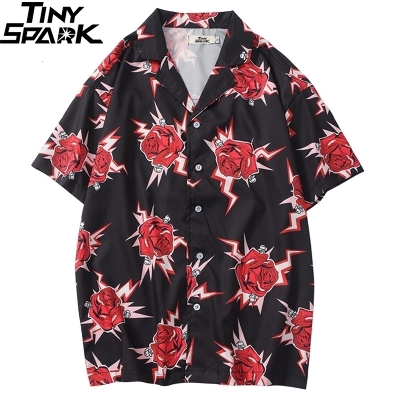 Hip Hop Shirt Streetwear Mens Hawaiian Shirt Red Rose Harajuku Floral Spring Summer Beach Shirt Hawaii Thin Short Sleeve