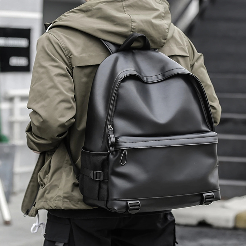 Black leather mens business travel backpack waterproof Daypack PU 16 inch laptop backpack 240907