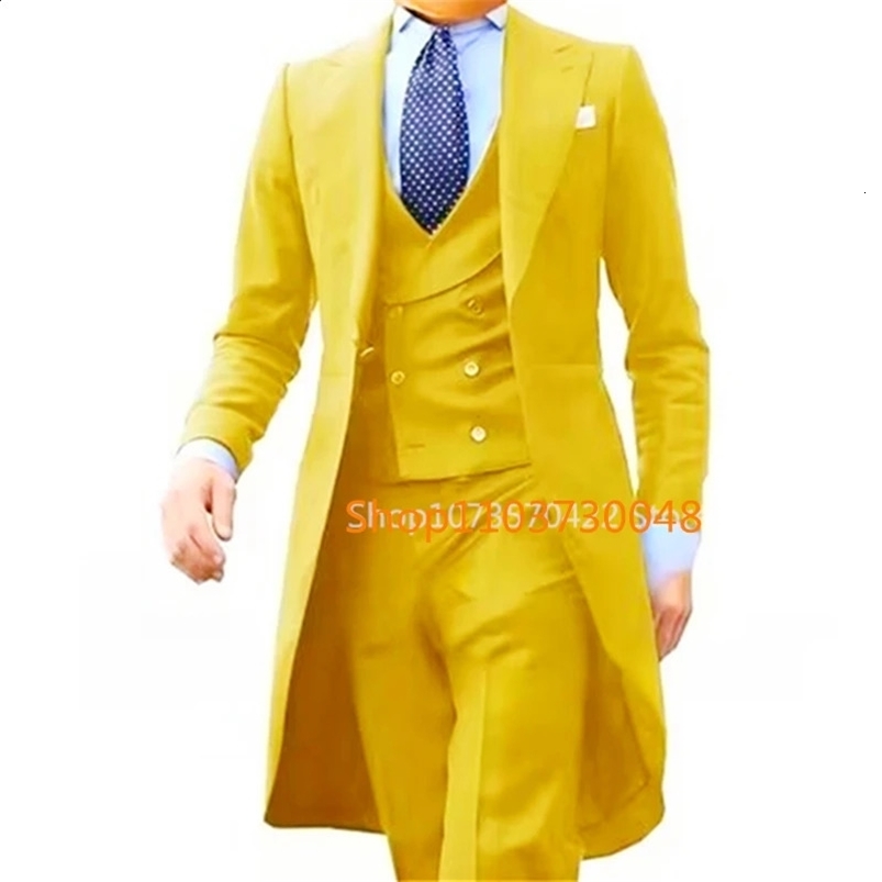 Solid wedding mens long tail suit with 3 pieces of formal grooms tailcoat used for dance party mens suit fashionable clothing set jacket pants vest