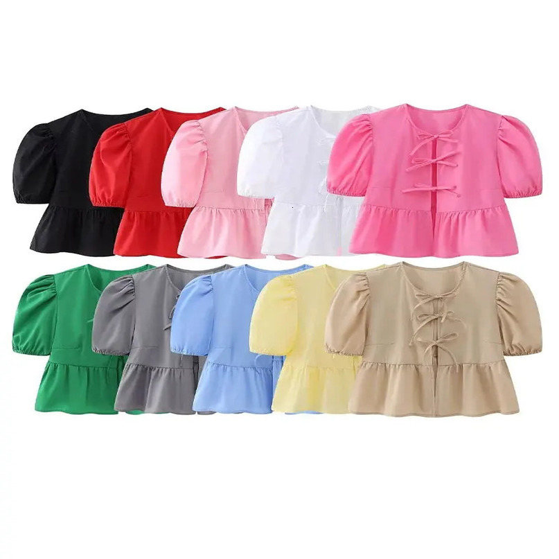 Spring Elegant Womens Sweet Shirt Top O Neck Lace Up Short Puff Sleeves Casual Vintage Solid Bow Hollow Out Causal Blouse 240403