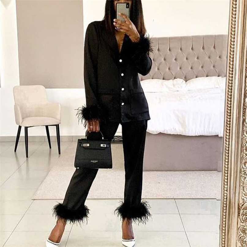 Pajamas for Women Two-piece Chic Feather Detail Casual Pajamas Long-sleeved Button Homewear Top and Slim Pants Set 211118