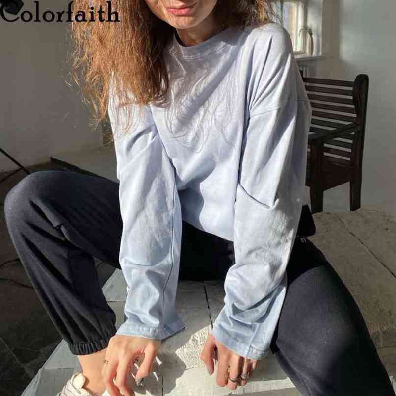 Colorfaith New Women Winter Spring T-shirt Solid 10 Colors Bottoming Basic Fashionable Minimalist Oversize Wild Tops T074 210322