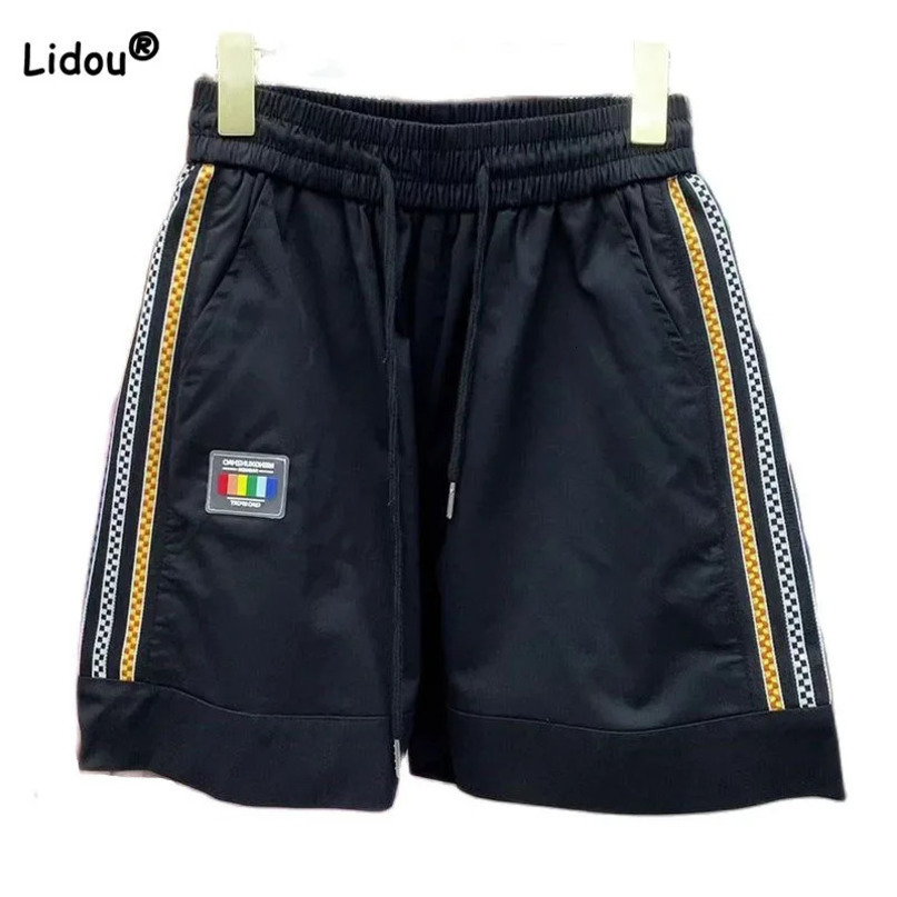Female Loose Solid Color Casual Sporty Shorts Summer Fashion Drawstring Elastic High Waist Spliced Pants Womens Clothing 240428