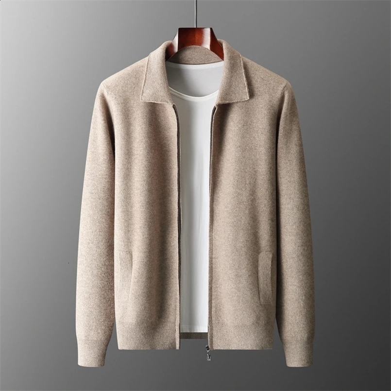 Autumn and winter mens cardigan 100% Merino wool knitted zipper jacket thick long sleeved mens sweater lapel shirt 240824