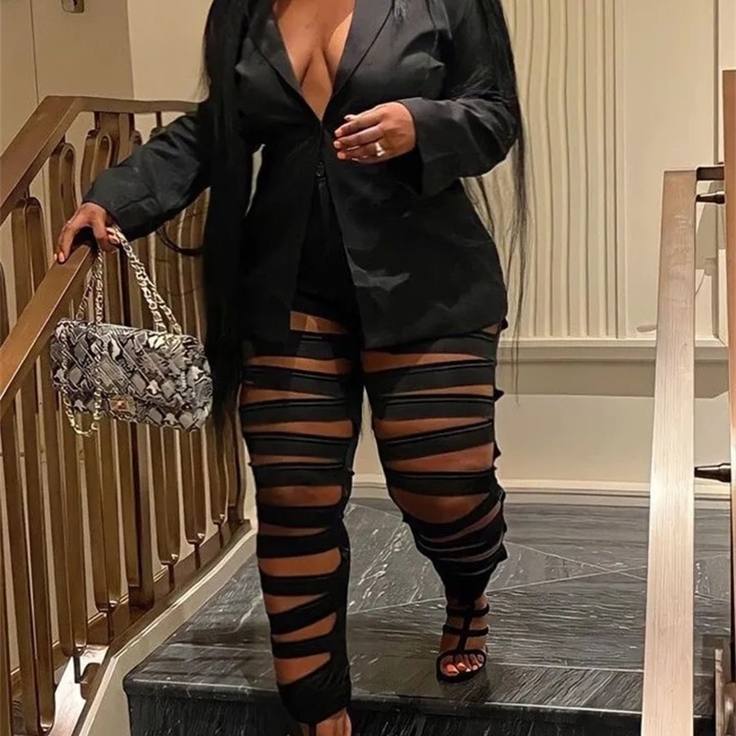 Plus Size Cut-Out Blazer Pants Set Sexy Street Solid Hollowed Out Turn-back Collar Two Piece Patchwork Long Sleeve Matching Suit 240810